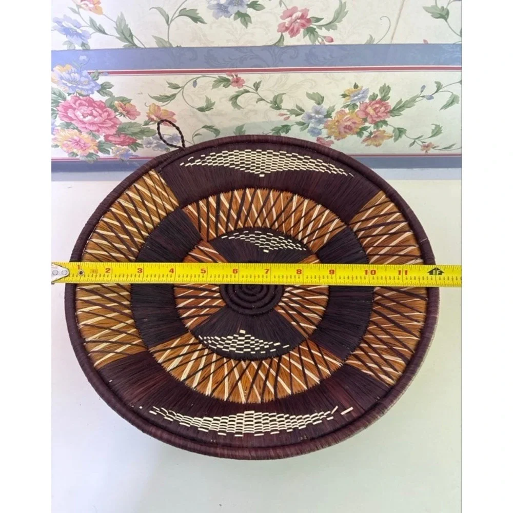 Handwoven Coil Wall Basket Decor Brown Tan Geometric Sunburst 12 Inch Round